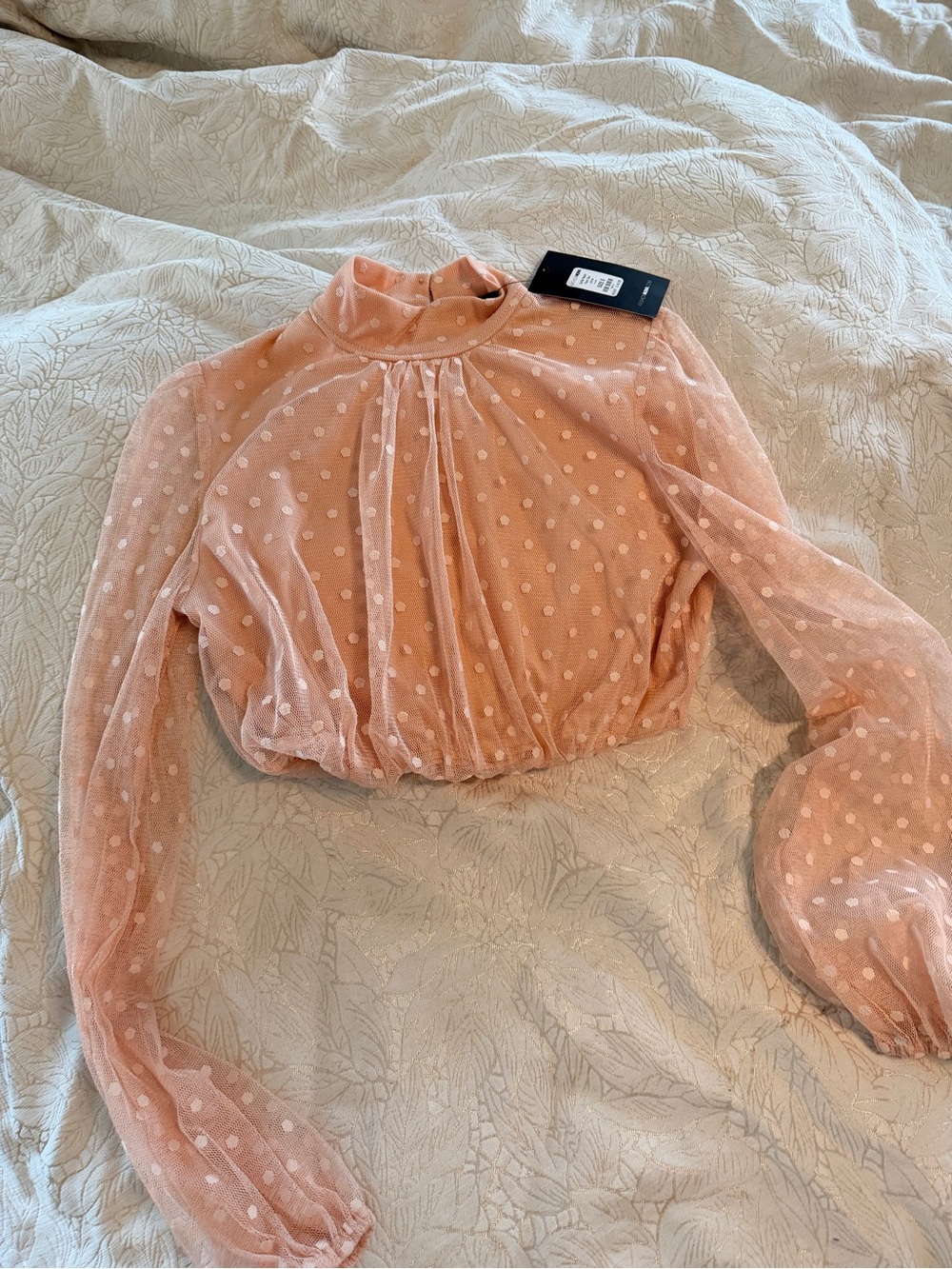 Fashion Nova Peach Sheer Polka Dot Mock-Neck Blouse